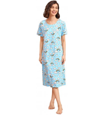 Nightgowns & Sleepshirts Women's Cotton Nightgown Sleepwear Short Sleeves Cherry Print Sleepdress - Blue - CO190TSZC0D $31.96