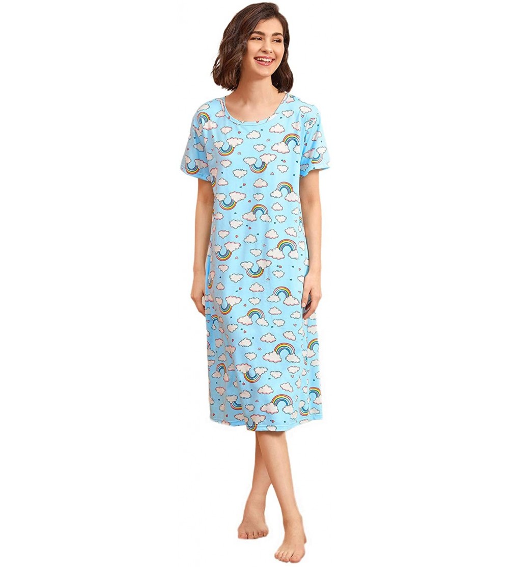 Nightgowns & Sleepshirts Women's Cotton Nightgown Sleepwear Short Sleeves Cherry Print Sleepdress - Blue - CO190TSZC0D $19.17
