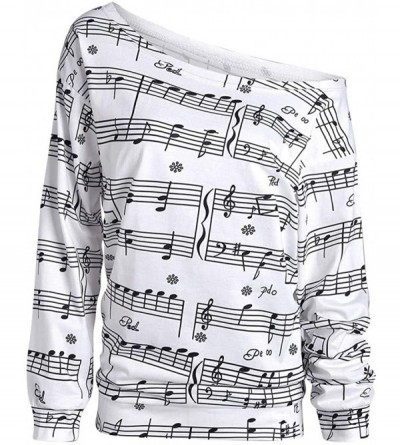 Baby Dolls & Chemises Women Tops Sweatshirt Casual Printed Slanted Shoulder Long Sleeve Top Blouse - White - CJ18XECW4NG $12.48