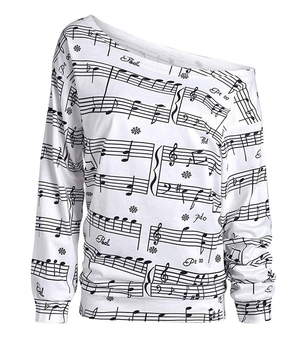 Baby Dolls & Chemises Women Tops Sweatshirt Casual Printed Slanted Shoulder Long Sleeve Top Blouse - White - CJ18XECW4NG $12.48