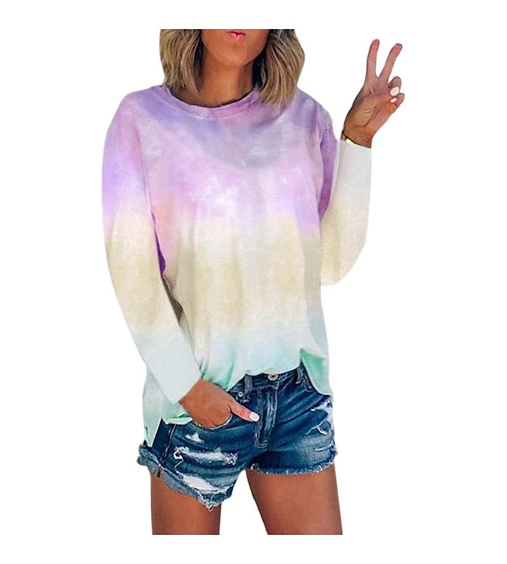 Nightgowns & Sleepshirts 2020 Women's Tie-Dye Gradient Tops Starry Sky Crewneck Long Sleeve Loose Pullover Blouse - Pink - CQ...