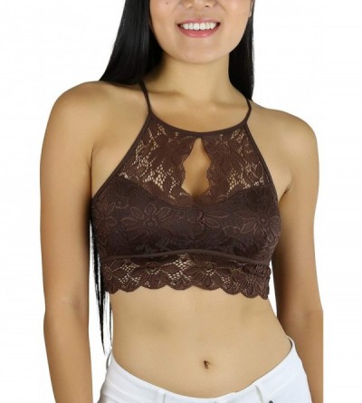 Bras Women's Keyhole High Neck Stretch Lace Bralette with Lined Cups - Brown - C218U4ITDCM $14.11
