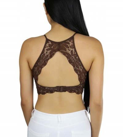 Bras Women's Keyhole High Neck Stretch Lace Bralette with Lined Cups - Brown - C218U4ITDCM $14.11