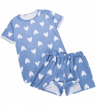 Sets Women 2 Pieces Set Heart Printed Pajama Set Nightwear Casual Top Shorts Set Homewear Summer - Blue - C0190STUKZN $42.01