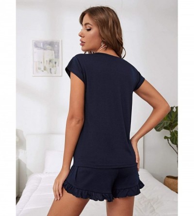 Sets Women's Tie Dye Printed Drawstring Tee with Shorts Pajamas Set Sleepwear - Navy - C119DYTASZZ $15.79