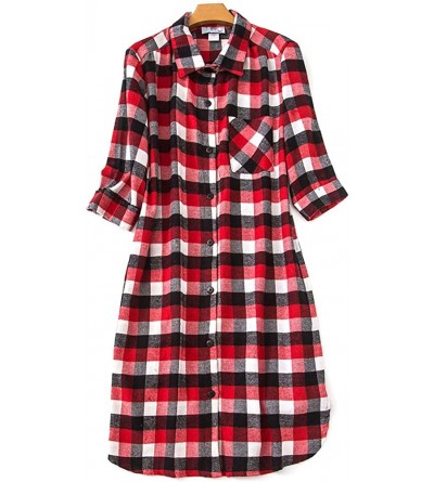 Tops Women's Sleep Shirt Flannel Print Pajama Top Button-Front Nightshirt Sleepwear - Long Red - CN1928EYXZD $11.99