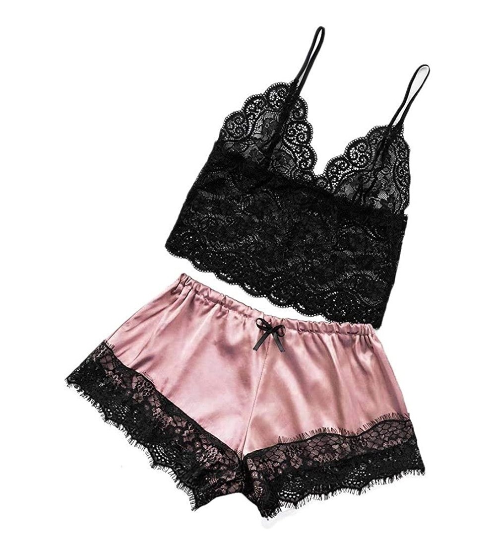Sets Sleepwear for Women Sexy Lingerie Satin Sweet Lace V Neck Camisole Bowknot Shorts Set Loose Leisure Pajamas Pink - C8196...