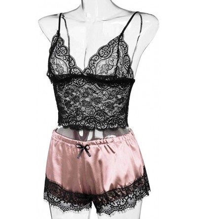Sets Sleepwear for Women Sexy Lingerie Satin Sweet Lace V Neck Camisole Bowknot Shorts Set Loose Leisure Pajamas Pink - C8196...