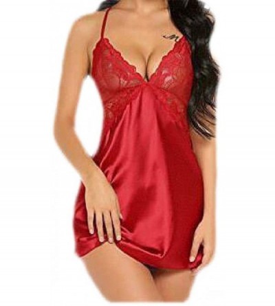 Nightgowns & Sleepshirts Women Sexy Backless Hipster Back Cross Faux Satin Sleep Dress Nightgowns - Red - CE18XE58972 $19.43
