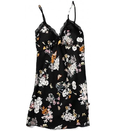 Nightgowns & Sleepshirts Women Lounger Printed Vintage Retro Casual Loose Lace Trim Nightgown - Black - C319E7MOWKG $31.59