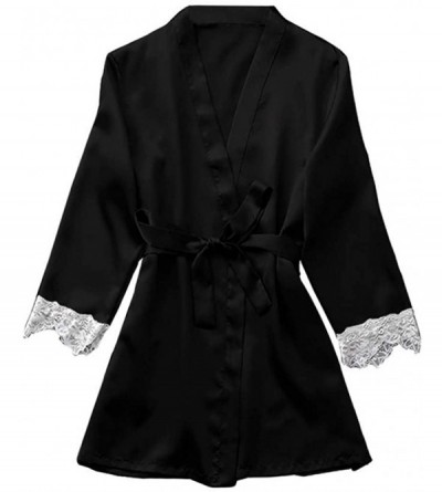 Robes Women Sleepwear Satin Kimono Robe Lace Bathrobe Solid Color Nightgown for Pajamas Party - Black - C7196IUKTQM $22.98