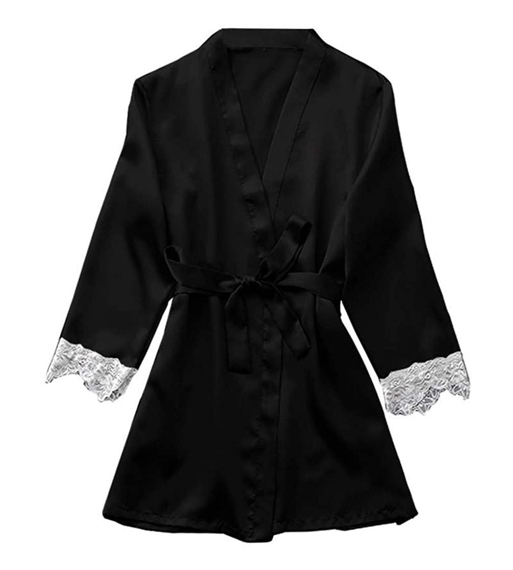 Robes Women Sleepwear Satin Kimono Robe Lace Bathrobe Solid Color Nightgown for Pajamas Party - Black - C7196IUKTQM $8.84