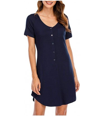 Nightgowns & Sleepshirts Women's Short Sleeve T-Shirt Dress Button Pocke Loose Nightshirt Sleepwear - Navy - C8190C23SA6 $19.34