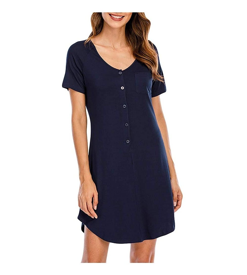 Nightgowns & Sleepshirts Women's Short Sleeve T-Shirt Dress Button Pocke Loose Nightshirt Sleepwear - Navy - C8190C23SA6 $19.34