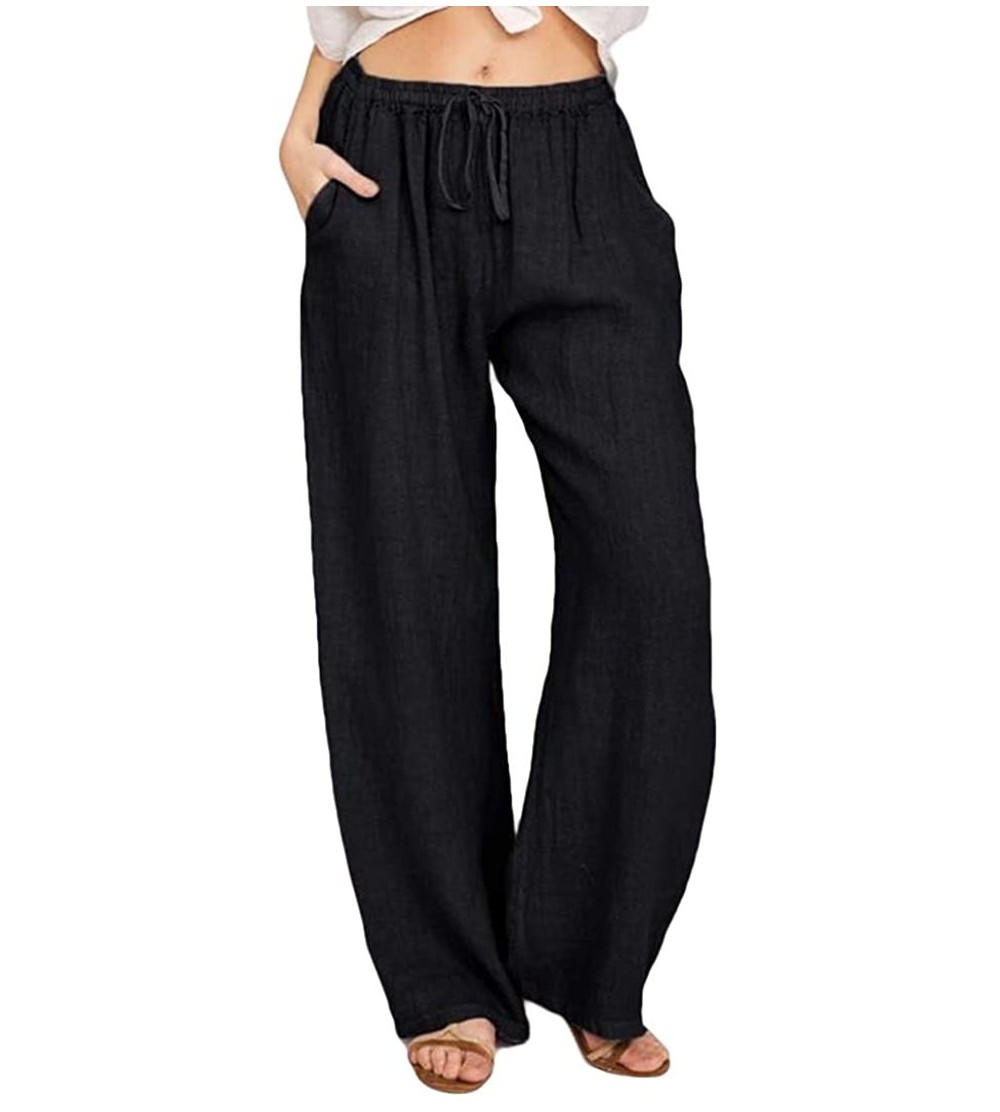 Bottoms Women Drawstring Cotton Linen Summer Solid Loose Wide Leg Palazzo Lounge Pants - Black - CC19DUCT963 $24.88