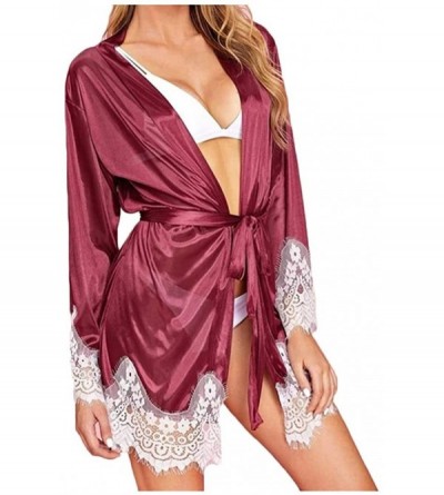 Robes New Women Lace Silk Long Sleeve Pajamas Sleepwear Robe with Belt Bathrobe - Wine - CG196GZUSQW $13.94