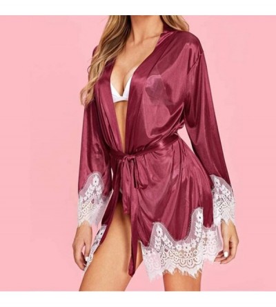 Robes New Women Lace Silk Long Sleeve Pajamas Sleepwear Robe with Belt Bathrobe - Wine - CG196GZUSQW $13.94