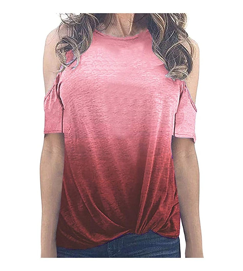 Thermal Underwear Women's Summer Gradient-Print Short Sleeve Crew-Neck T-Shirt Casual tee Tops - Wine - CI190SWW5D0 $22.10