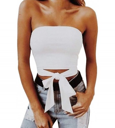 Tops Bow Strapless Tank Top Women Solid Sexy Off Shoulder Knot Vest Crop Blouse - White - C718O3RL656 $11.86