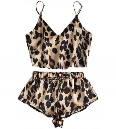 Sets Women Satin Pajama Set Leopard Bralette Cami Crop Top+Panties Shorts G-String Thong Sleepwear Pjs - Leopard 1 - CS18UWHZ...