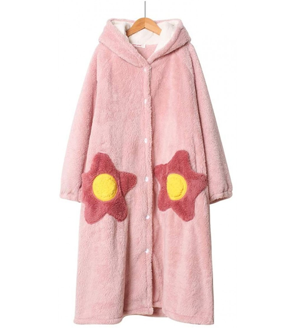 Robes Flower Hooded Sleeping Robes Button Down Pajamas Plush Fleece Bathrobes with Pockets - Pink - CH198477QXZ $33.96