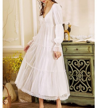 Nightgowns & Sleepshirts Women's Vintage Victorian Cotton Nightgown Princess Peignoir Girl Knit Jersey Front Lace Sleepwear -...