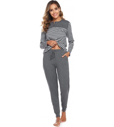 Sets Sexy Women's Stripe Pajamas Cotton Long Sleeve Loungewear Top & Bottom Ladies Pjs Nightwear - Dark Gray - CM18YIKLRGZ $3...