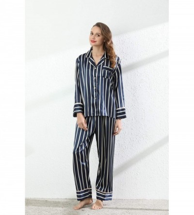 Sets Women's Silky Satin Pajamas Long Sleeve Button Down Striped Floral PJ Set Loungewear - CU18QWX778Z $22.69