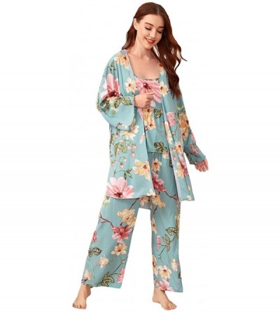 Sets Women's Sleepwear 3 pcs Leaf Print Cami and Pants Pajama Set with Robe - Blue - CJ192O3IYQO $56.78