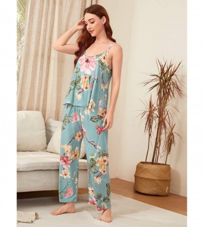 Sets Women's Sleepwear 3 pcs Leaf Print Cami and Pants Pajama Set with Robe - Blue - CJ192O3IYQO $29.42