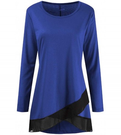 Tops Fashion Women Irregular Hem Patchwork O-Neck Long Sleeves T-Shirt Blouse Tops - Blue - CA1927EOOWN $14.25