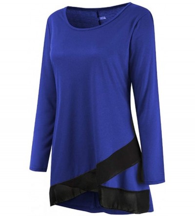 Tops Fashion Women Irregular Hem Patchwork O-Neck Long Sleeves T-Shirt Blouse Tops - Blue - CA1927EOOWN $14.25