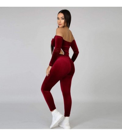 Thermal Underwear Womens Velvet 2 Piece Outfits- Sleeveless Bodysuit Tops Stretchy Long Pants Tracksuit Sets - Wine - CF193QG...