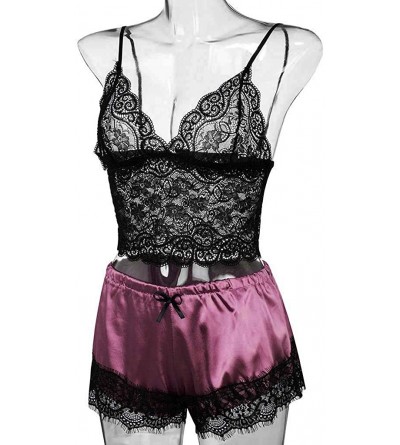 Sets Nightgown Set Women Satin Lace V-Neck Camisole Bowknot Shorts Set Sleepwear Pajamas Lingerie - Hot Pink - CG19453W0KO $1...