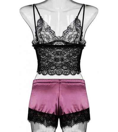 Sets Nightgown Set Women Satin Lace V-Neck Camisole Bowknot Shorts Set Sleepwear Pajamas Lingerie - Hot Pink - CG19453W0KO $1...