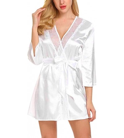 Robes Lace Splicing Sleepwear-Women's Sexy Satin Robe-Kimono Strap Nightwear-Silk V Neck Babydoll Dressing Gown - White - C11...