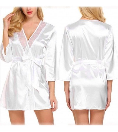Robes Lace Splicing Sleepwear-Women's Sexy Satin Robe-Kimono Strap Nightwear-Silk V Neck Babydoll Dressing Gown - White - C11...