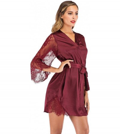 Robes Womens Sexy Satin Kimono Solid Color Lace Bathrobes for Parties Wedding Bridal and Bridesmaid Pregnant Woman Wine Red -...
