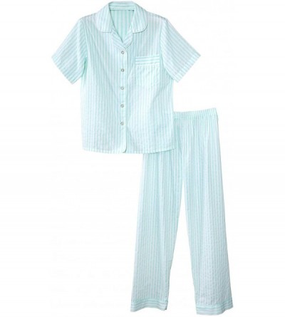 Sets Woven Striped Pajamas- Aqua- Petite Small - Petites Short Sleeve - CQ123UMJKAB $24.07