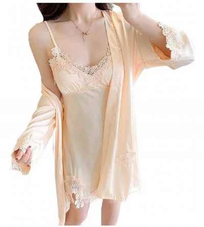 Nightgowns & Sleepshirts Women's Sexy Backless Sling Silk Everyday Two Piece Lace Nightgown - Champagne - CS199QTOE8K $75.94