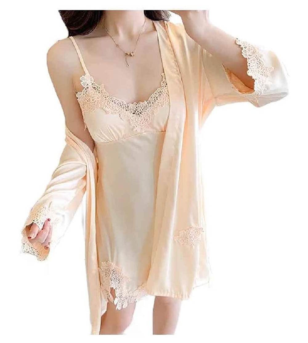 Nightgowns & Sleepshirts Women's Sexy Backless Sling Silk Everyday Two Piece Lace Nightgown - Champagne - CS199QTOE8K $41.50