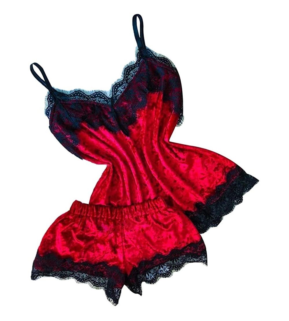 Sets New Women Sexy Lingerie Camisole Bow Shorts V-Neck Tops Velvet Pajamas Sleepwear - F - CE195NI3224 $10.48