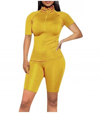 Thermal Underwear Fashion Women Casual Solid Color Zipper Short Sleeves 2 Piece Sports Suit - Yellow - CM190G5QLAG $34.31