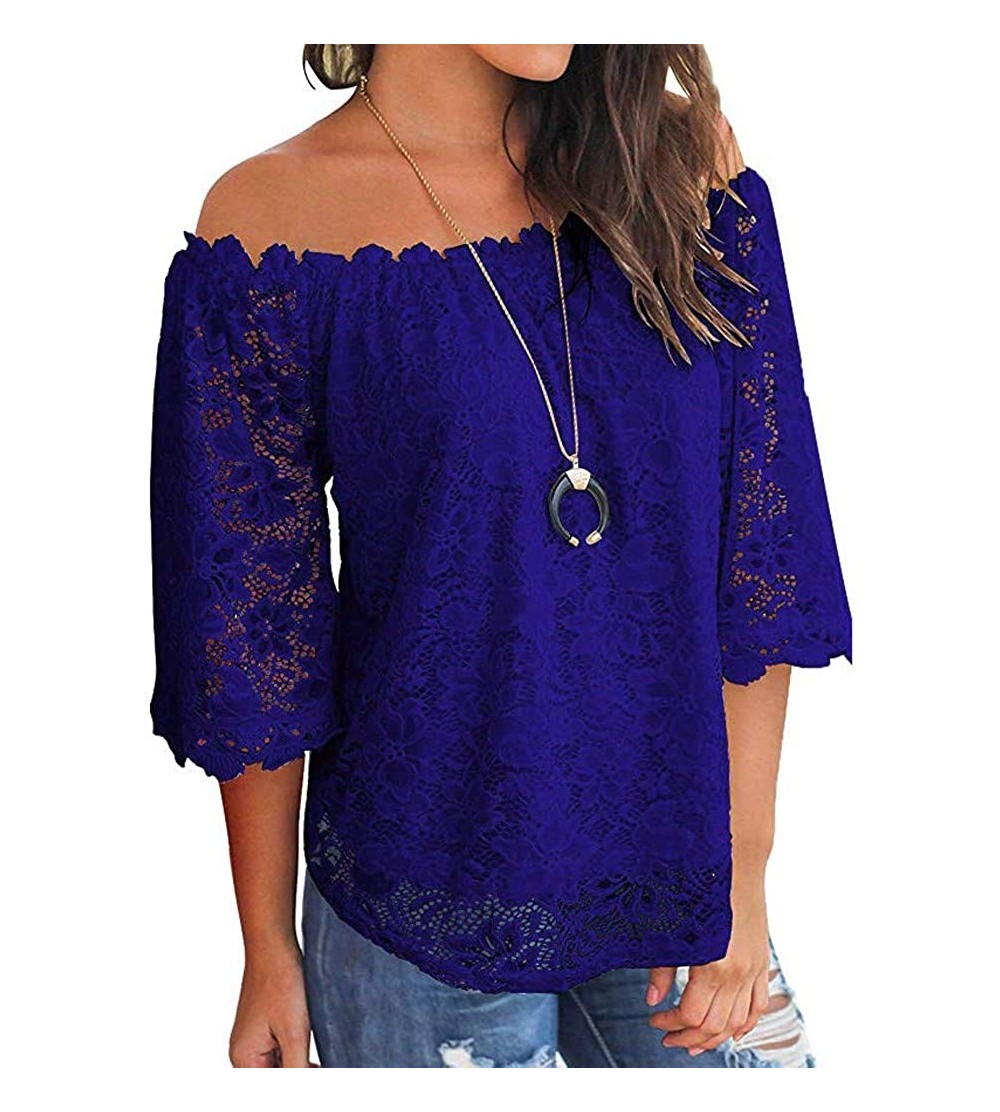 Tops Off The Shoulder Tops for Women Ladies Lace Mesh Short Sleeve Boat Neck T-Shirt Tops Blouse - Darkblue - C5196M8697X $11.28