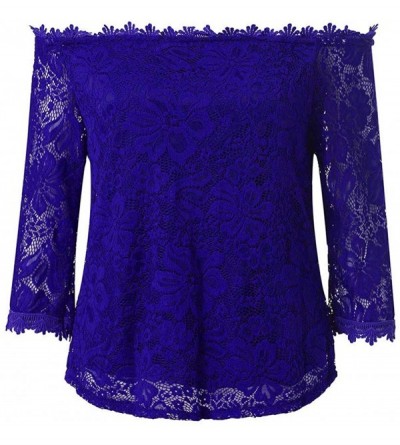 Tops Off The Shoulder Tops for Women Ladies Lace Mesh Short Sleeve Boat Neck T-Shirt Tops Blouse - Darkblue - C5196M8697X $11.28