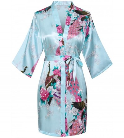 Robes Women's Short Floral Kimono Robe Peacock&Blossom Bridesmaid Robe for Wedding - Aqua - CA12IP785KX $20.52
