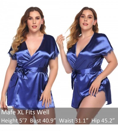 Robes Women Lingerie Robe Satin Lace Trim Sexy Kimono Robes with Inside Ties - Navy Blue - CZ187CLLMK0 $13.65