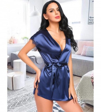 Robes Women Lingerie Robe Satin Lace Trim Sexy Kimono Robes with Inside Ties - Navy Blue - CZ187CLLMK0 $13.65