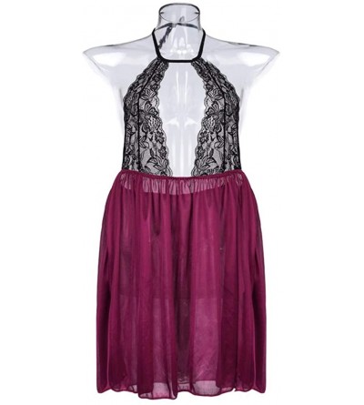 Nightgowns & Sleepshirts Womens Sexy Lace Lingerie Halter Hollow Out Underwear Sleepwear Nightdress Pajama - Wine - CI18Z9MEH...