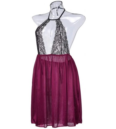 Nightgowns & Sleepshirts Womens Sexy Lace Lingerie Halter Hollow Out Underwear Sleepwear Nightdress Pajama - Wine - CI18Z9MEH...